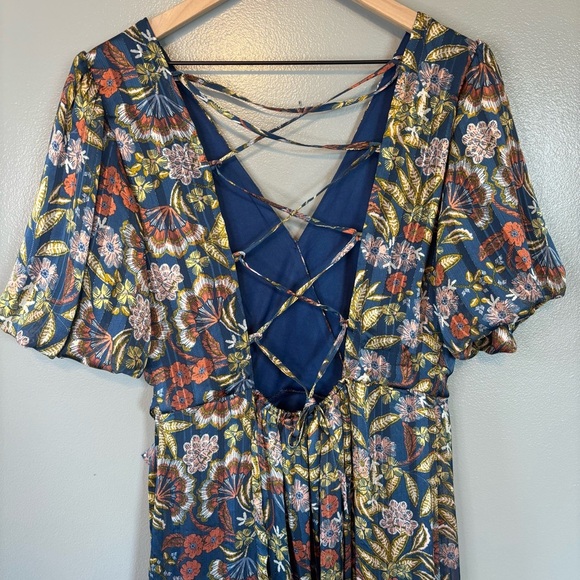 Pleated Faux Wrap Lace Up Midi Dress Puff Sleeve Large Love & Piece Navy Floral - Picture 4 of 5